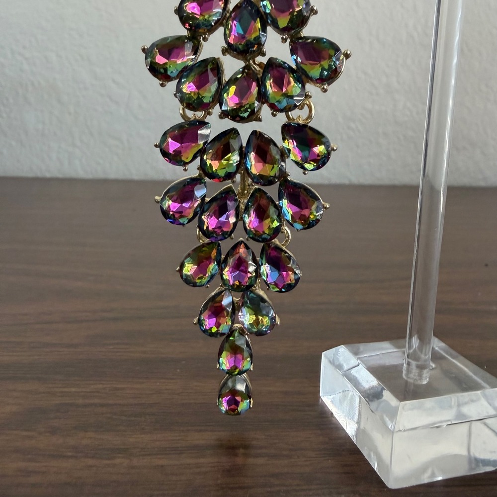 Chandelier Rhinestone Crystal Pageant Bridal Earrings AB Drop Dangle 4" Green - Picture 5 of 10